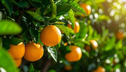 Close-up of vibrant oranges hanging on a tree branch with lush green leaves