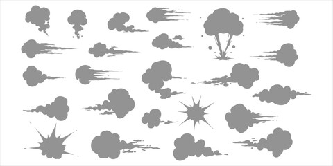 Collection of grey cartoon comic explosion smoke and dust cloud effects vector