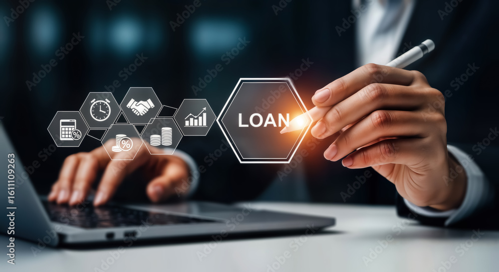 Poster a business professional uses a stylus to interact with a digital interface displaying loan and finan