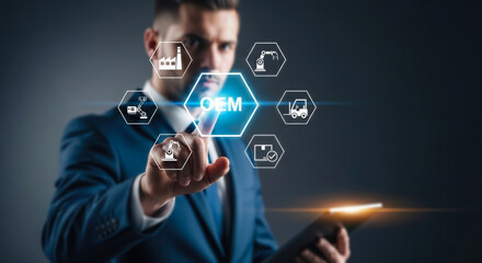 A businessman in a suit interacts with a holographic interface displaying the oem acronym and various industrial icons, symbolizing advanced manufacturing and technology