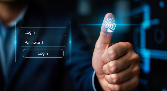A persons thumb with a glowing fingerprint scan is used for biometric authentication to log into a secure digital system