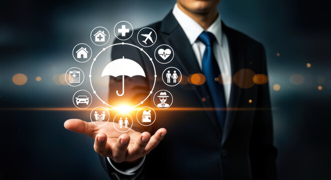 A businessman in a suit holds out his hand, displaying a glowing circle of icons representing various insurance and protection services