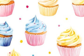 Watercolor pastel cupcakes with sprinkles; cheerful, sweet, and whimsical bakery illustration.
