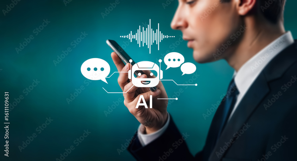Poster a man in a suit holds a smartphone, interacting with an ai chatbot interface featuring voice recogni
