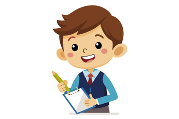 Colorful and cheerful illustration of a cartoon boy sitting at a wooden desk, writing in a notebook with a blue pen. 