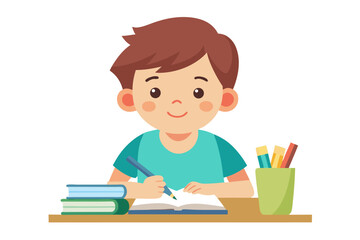 Colorful and cheerful illustration of a cartoon boy sitting at a wooden desk, writing in a notebook with a blue pen. 