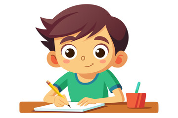 Colorful and cheerful illustration of a cartoon boy sitting at a wooden desk, writing in a notebook with a blue pen. 