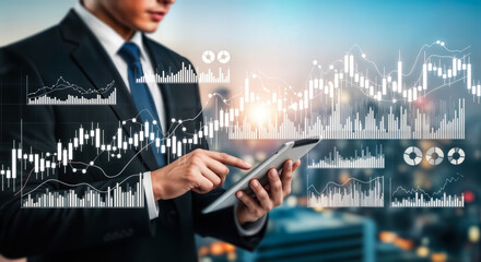 A businessman in a suit analyzes financial data and stock market charts on a tablet, with a city skyline in the background