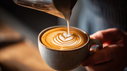 A professional barista performing latte art, pouring steamed milk into a coffee cup, creating a beautiful heart shape. Close-up shot, warm cafe