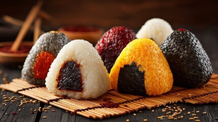 Obraz premium A delightful selection of onigiri rice balls with different fillings, beautifully arranged on a bamboo mat, showcasing the colors and textures.