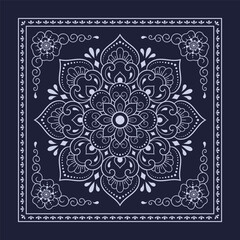 Circular pattern in form of mandala with flower for Henna, Mehndi, decoration. Blue decorative ornament in ethnic oriental style for a bandana. Outline doodle hand draw vector illustration.