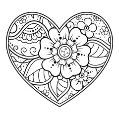 Mehndi flower pattern in form of heart for Henna drawing and tattoo. Decoration in ethnic oriental, Indian style. Valentine's day greetings. Coloring book page.