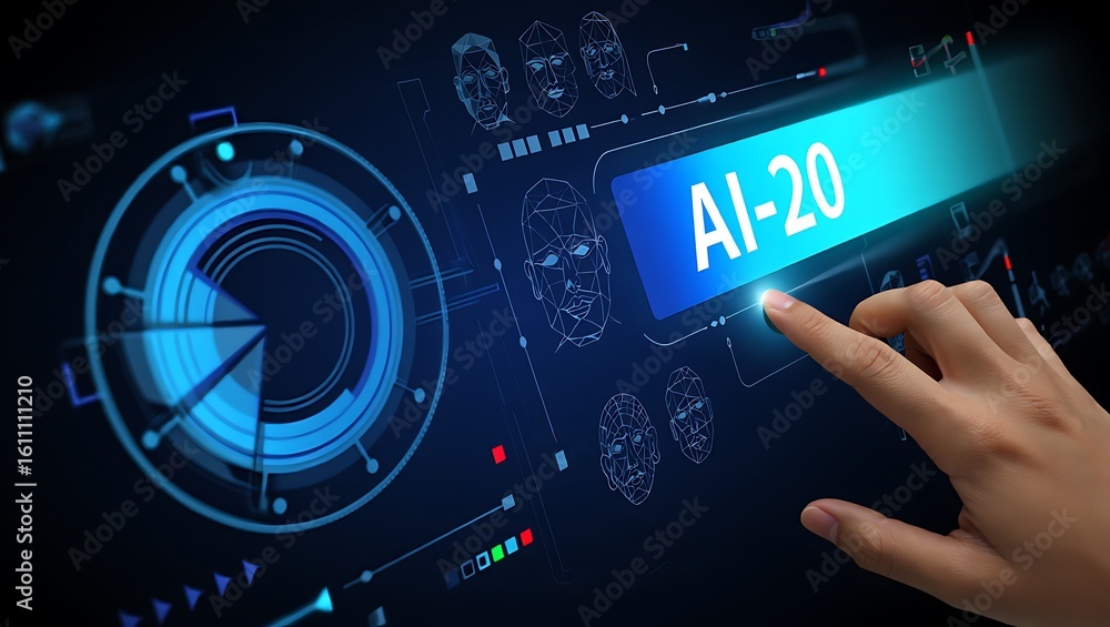 Poster human hand interacting with a vibrant blue holographic screen displaying 
