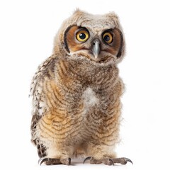 Obraz premium Fluffy young long eared owl standing and staring on a seamless white background