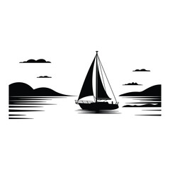 Seascape with Sailboat Silhouette, Vector, Illustration, Outline, Line Art, Icon, Logo, White Background.