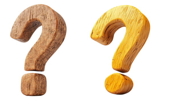 Curious wooden question marks displayed in a bright studio artistic focus creative environment captivating perspective isolated on white background and transparent background.
