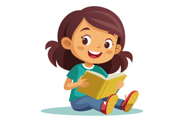 Adorable vector illustration of a cute cartoon girl with long brown hair, smiling while reading a teal book. 