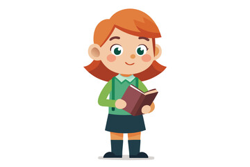 Adorable vector illustration of a cute cartoon girl with long brown hair, smiling while reading a teal book. 