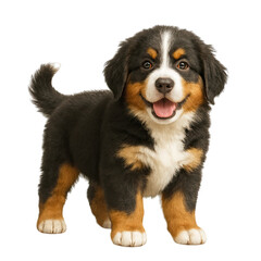 isolated transparent Bernese Mountain Dog Puppy on White Background PNG die-cut for advertising, happy bernese puppy smiling, Fluffy Dog Breeds in Studio-Style Pet Photography