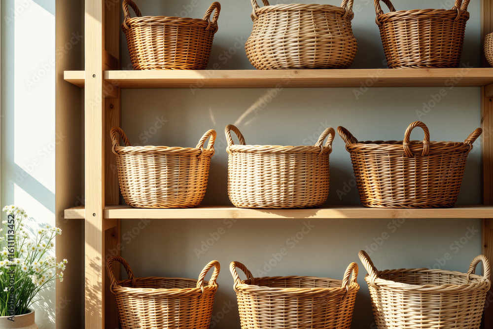 Poster a row of woven baskets in varying sizes are neatly arranged on wooden shelves against a light-colore