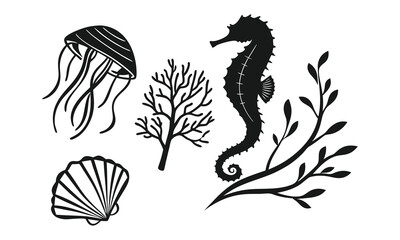 Underwater Sea Life Silhouette Vector Set – Jellyfish, Seahorse, Coral & Seashell