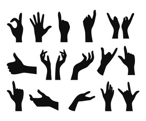 Set of hands showing different gestures silhouette human isolated on a white background. Vector flat illustration of female hands . Isolated flat vector illustration
