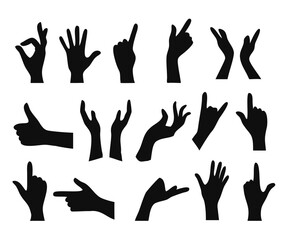 Set of hands showing different gestures silhouette human isolated on a white background. Vector flat illustration of female hands . Isolated flat vector illustration