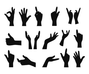 Set of hands showing different gestures silhouette human isolated on a white background. Vector flat illustration of female hands . Isolated flat vector illustration