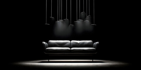 Dark Room with a Black Sofa Under Dramatic Spot Lighting