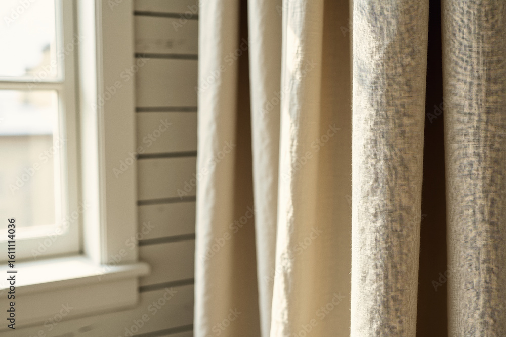 Poster sunlight streams through a window, illuminating textured linen curtains that hang beside paneled wal
