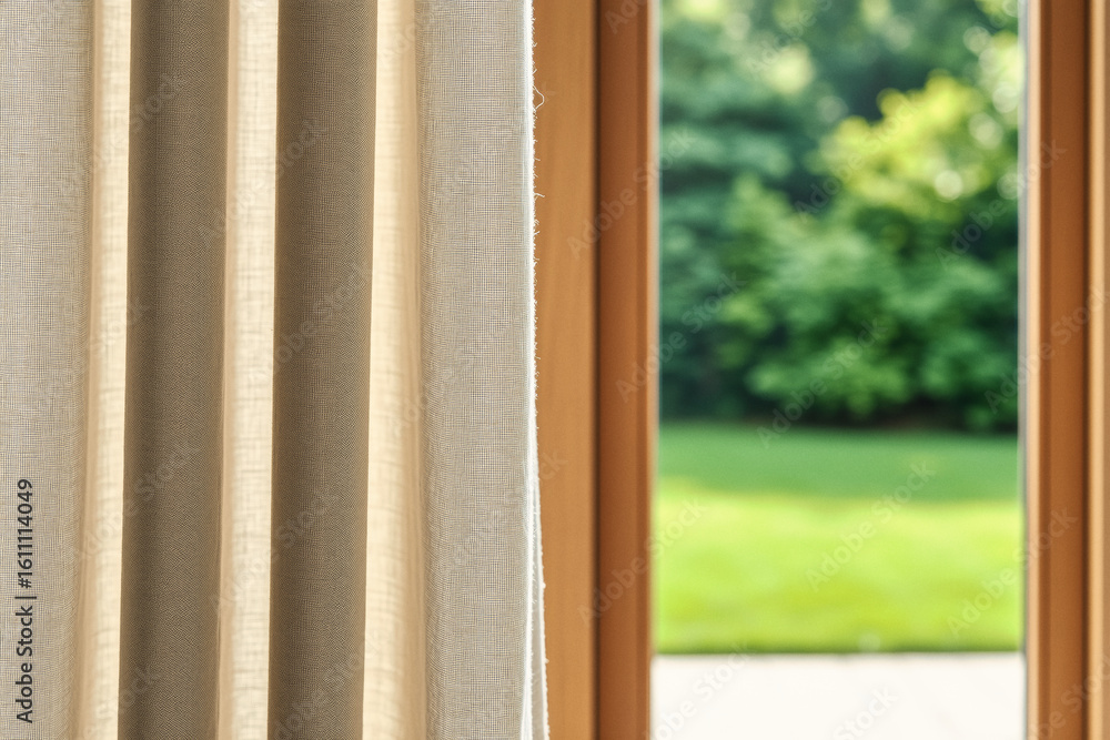 Poster a partially drawn beige curtain frames a blurred view of lush greenery through an open window, creat