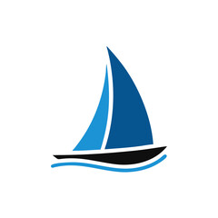 blue Sailing boat logo icon abstract vector template. Sailboat on the waves. Vector illustration