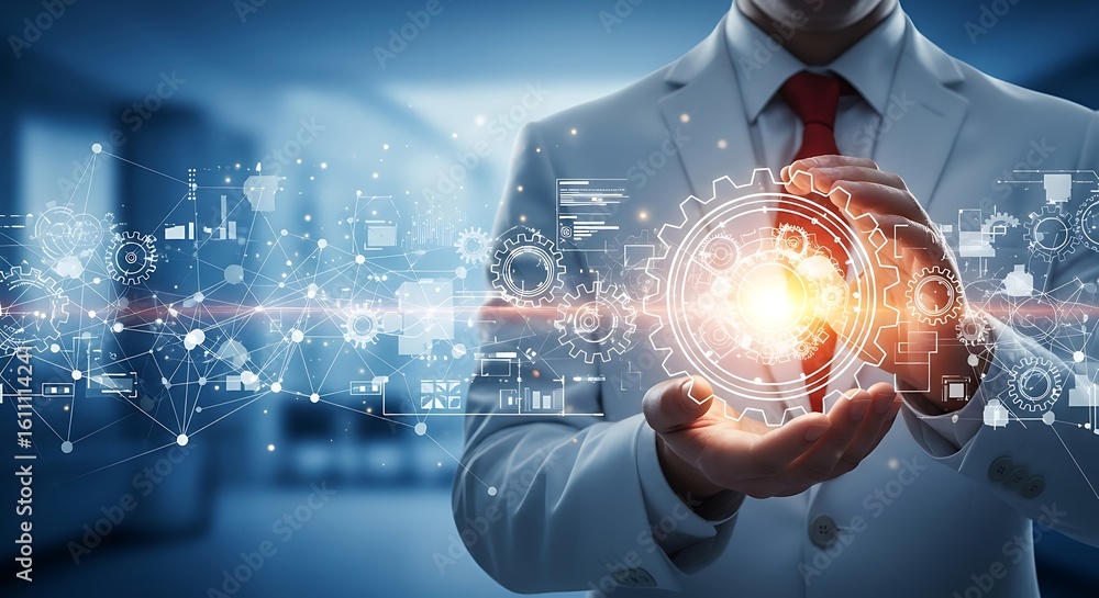 Poster man in white suit holds glowing gear icon connecting to digital network symbol of innovation and tec