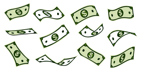 Falling dollar banknotes icon, money rain isolated on white background. money business concept, American dollar falling set. USD paper notes flying in the air.