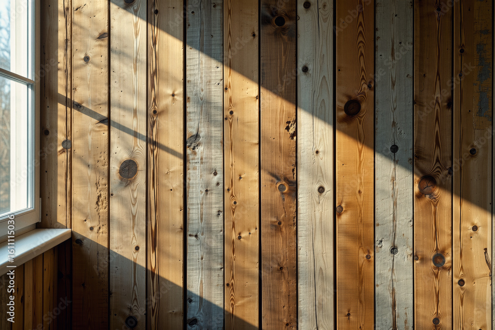 Poster sunlight streams through a window, casting dramatic shadows across the textured surface of weathered