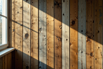 Sunlight streams through a window, casting dramatic shadows across the textured surface of weathered wooden planks.