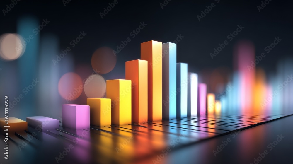 Poster a financial dashboard displaying a d bar graph with colorful rising bars, set against a dark backgro