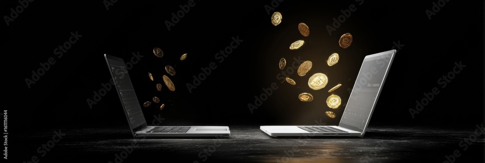 Poster two laptops exchanging digital assets with floating coins in a dark environment depicting virtual tr