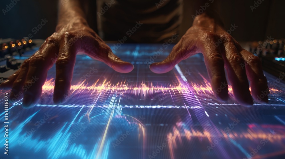Poster first-person view of hands adjusting audio levels on digital interface