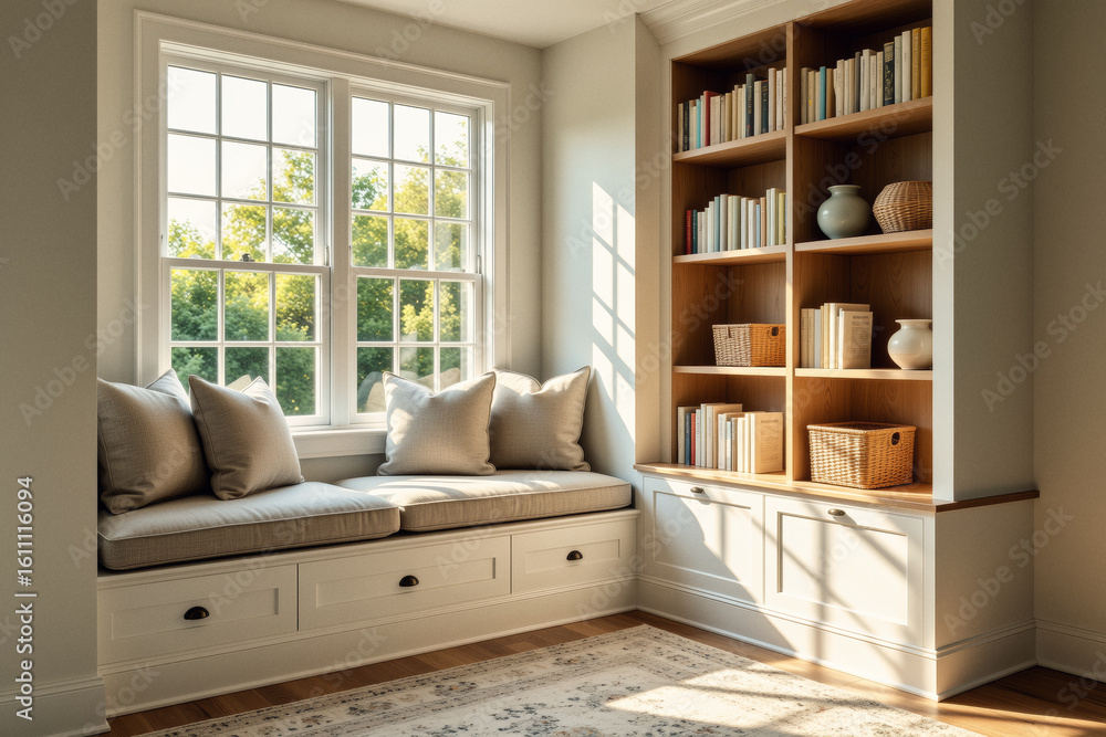 Poster sunlight streams into a cozy reading nook featuring a window seat with plush cushions, built-in book