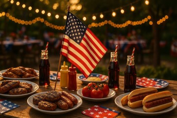 Patriotic barbecue setup featuring american flag flying over grilled meats, symbolizing independence day festive gathering