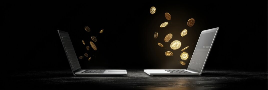 Two Laptops Exchanging Digital Assets With Floating Coins in a Dark Environment Depicting Virtual Transactions