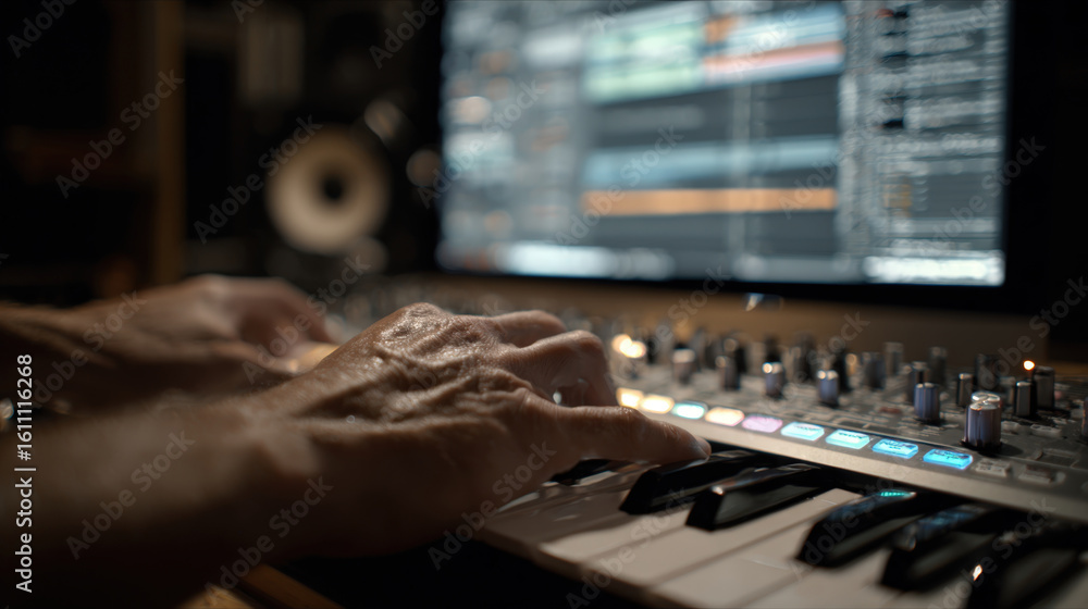 Aufkleber first-person view of hands editing vocal track with audio plugin interface