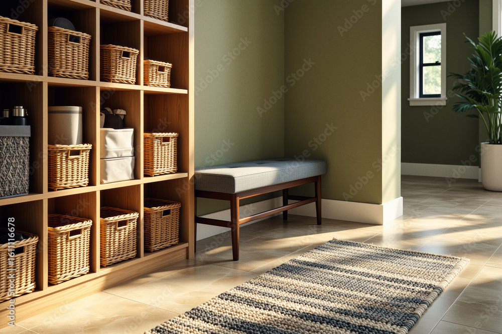 Poster a modern entryway features a large wooden cube storage unit filled with woven baskets, complemented 
