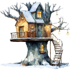 Cozy Winter Tree House with Snow and Warm Lights