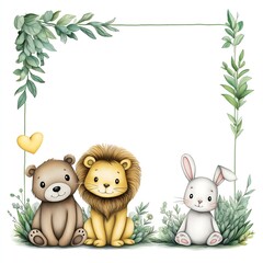 Card with Cute Baby Animals (Bear, Lion, Rabbit) with Greenery Frame