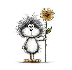 Quirky Cartoon Bird with Wild Hair Holding a Yellow Flower