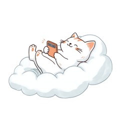  Cute Cartoon Cat Relaxing on Cloud and Using Smartphone