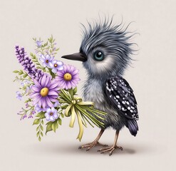 Adorable Bird with Wild Hair Holding a Floral Bouquet