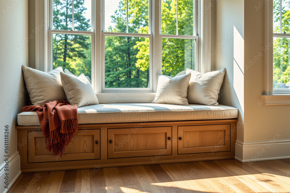 Poster a cozy window seat with plush pillows and a knitted throw blanket sits invitingly beneath a large wi